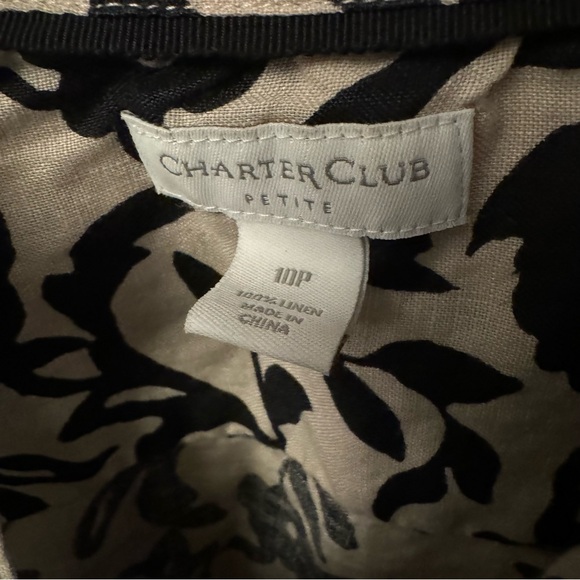 Charter Club Petites Cream & Black Floral 100% Linen Blouse Size 10P - Picture 2 of 7